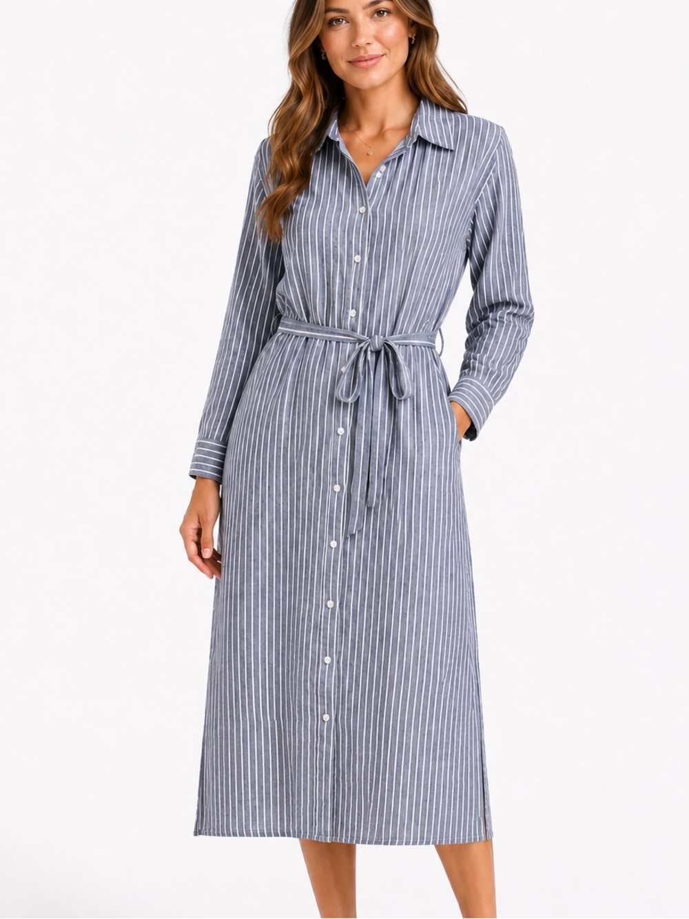Lapogee Stripe Shirt Dress in Coastal Blue and Optic White 3x